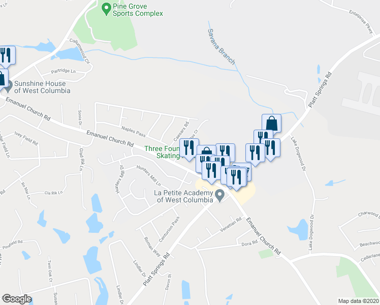 map of restaurants, bars, coffee shops, grocery stores, and more near 2744 A Emanuel Church Road in West Columbia