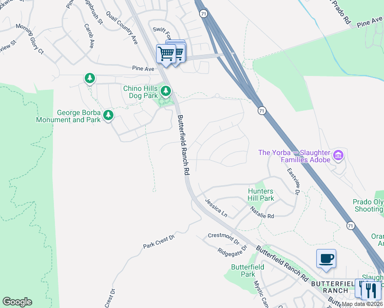 map of restaurants, bars, coffee shops, grocery stores, and more near 17204 Guarda Drive in Chino Hills