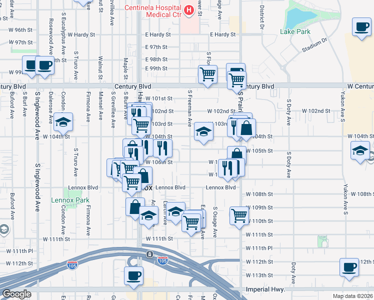 map of restaurants, bars, coffee shops, grocery stores, and more near 10515 South Freeman Avenue in Lennox