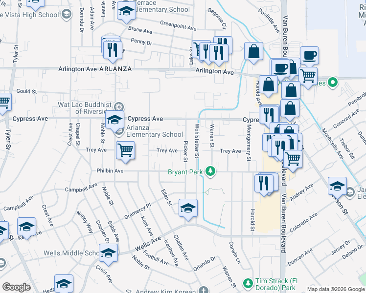 map of restaurants, bars, coffee shops, grocery stores, and more near 8343 Trey Avenue in Riverside