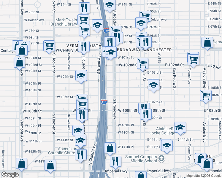 map of restaurants, bars, coffee shops, grocery stores, and more near 10501 South Broadway in Los Angeles
