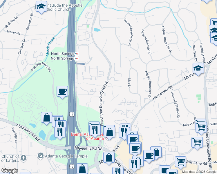 map of restaurants, bars, coffee shops, grocery stores, and more near 215 Glen Meadow Court in Atlanta