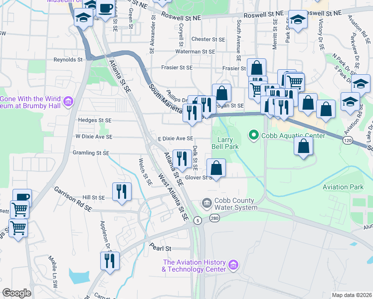 map of restaurants, bars, coffee shops, grocery stores, and more near 490 Delk Street Southeast in Marietta