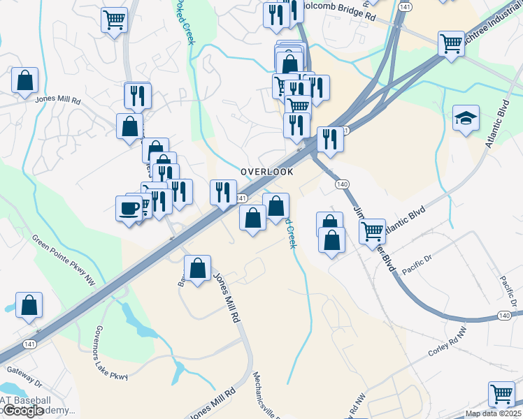 map of restaurants, bars, coffee shops, grocery stores, and more near 6460 Peachtree Industrial Boulevard in Norcross