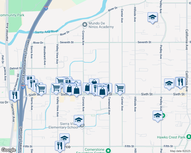 map of restaurants, bars, coffee shops, grocery stores, and more near 1020 Carriage Drive in Norco