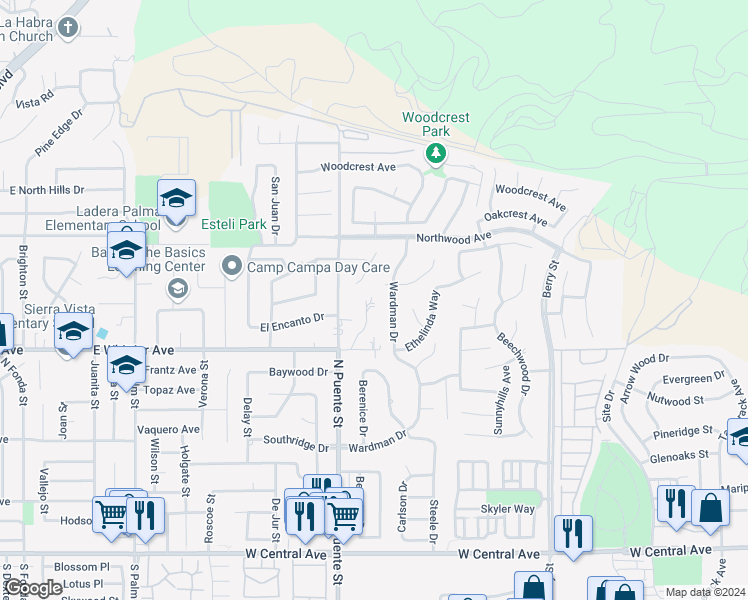 map of restaurants, bars, coffee shops, grocery stores, and more near 1362 Bexley Lane in Brea