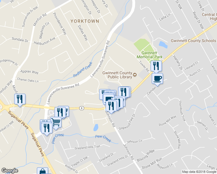 map of restaurants, bars, coffee shops, grocery stores, and more near 275 Fern Crest Drive in Lawrenceville