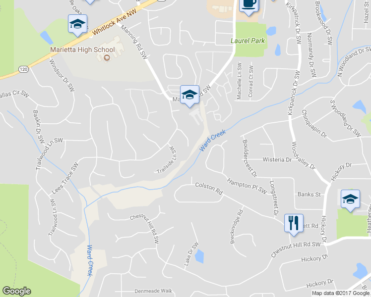 map of restaurants, bars, coffee shops, grocery stores, and more near 878 Park Creek Court Southwest in Marietta