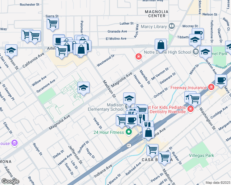 map of restaurants, bars, coffee shops, grocery stores, and more near 7476 Potomac Street in Riverside