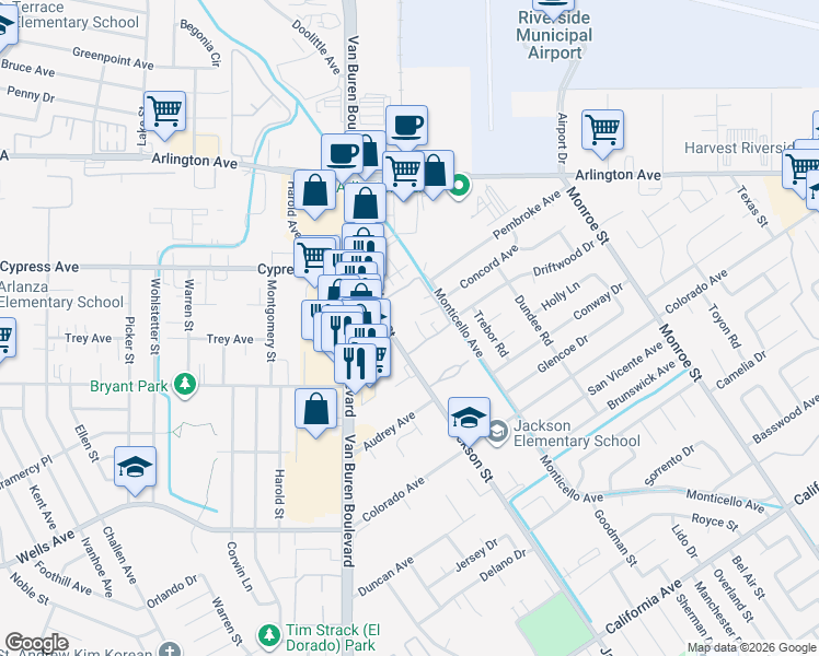 map of restaurants, bars, coffee shops, grocery stores, and more near 4803 Jackson Street in Riverside