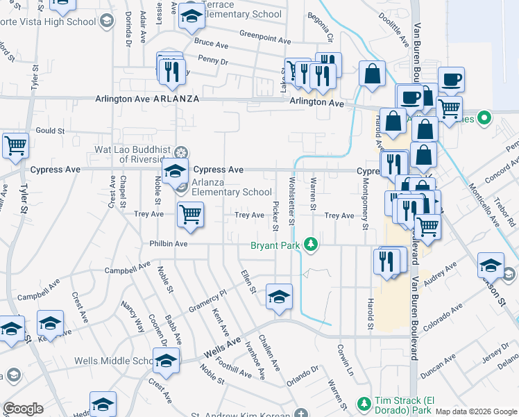 map of restaurants, bars, coffee shops, grocery stores, and more near 8353 Trey Avenue in Riverside