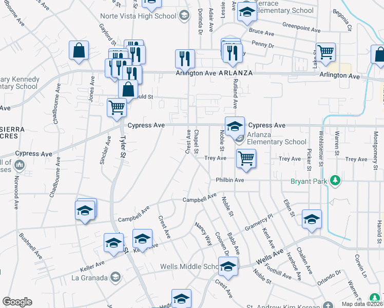 map of restaurants, bars, coffee shops, grocery stores, and more near 5772 Babb Avenue in Riverside