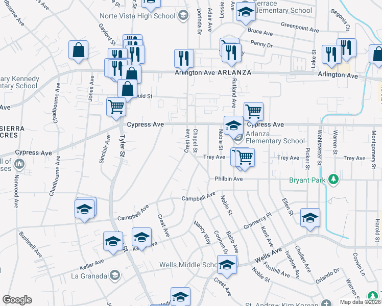 map of restaurants, bars, coffee shops, grocery stores, and more near 5772 Babb Avenue in Riverside
