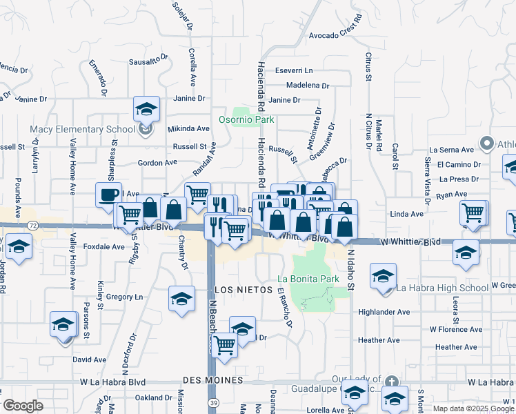 map of restaurants, bars, coffee shops, grocery stores, and more near 1621 West Whittier Boulevard in La Habra