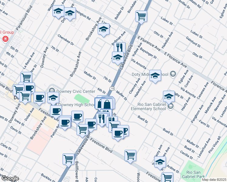 map of restaurants, bars, coffee shops, grocery stores, and more near 10648 Lakewood Boulevard in Downey