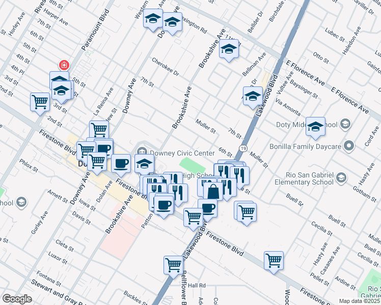 map of restaurants, bars, coffee shops, grocery stores, and more near 8610 5th Street in Downey