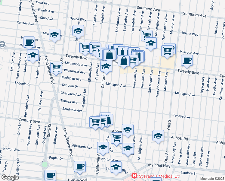map of restaurants, bars, coffee shops, grocery stores, and more near 10255 San Carlos Avenue in South Gate