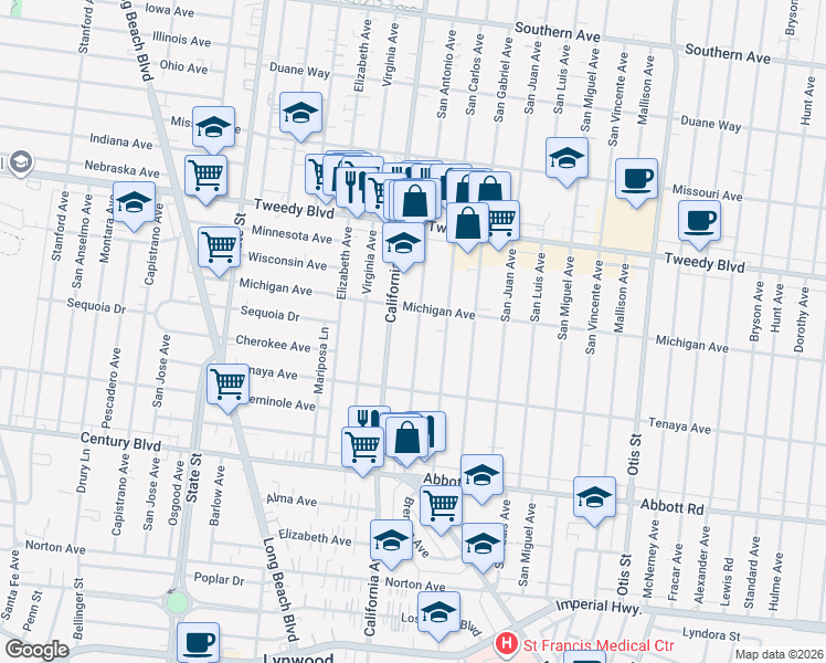 map of restaurants, bars, coffee shops, grocery stores, and more near 10243 San Antonio Avenue in South Gate