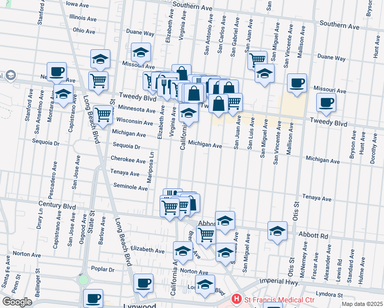 map of restaurants, bars, coffee shops, grocery stores, and more near 10304 California Avenue in South Gate