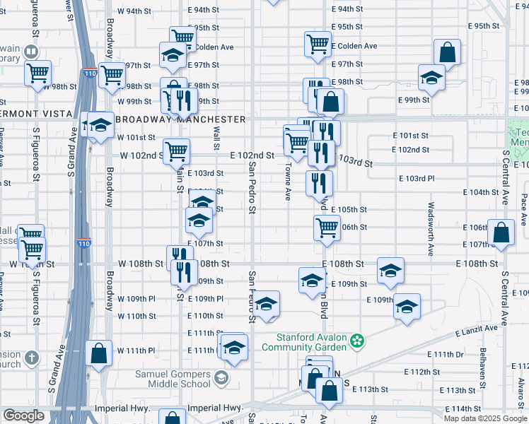 map of restaurants, bars, coffee shops, grocery stores, and more near 315 East 106th Street in Los Angeles