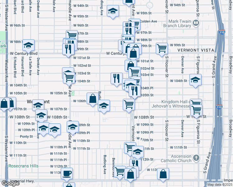 map of restaurants, bars, coffee shops, grocery stores, and more near 1111 West 106th Street in Los Angeles