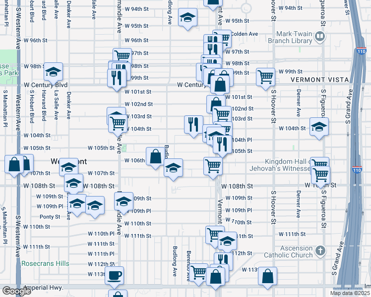 map of restaurants, bars, coffee shops, grocery stores, and more near 1111 West 106th Street in Los Angeles