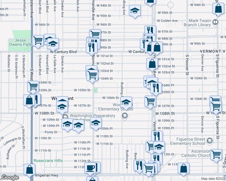 map of restaurants, bars, coffee shops, grocery stores, and more near 1233 West 106th Street in Los Angeles