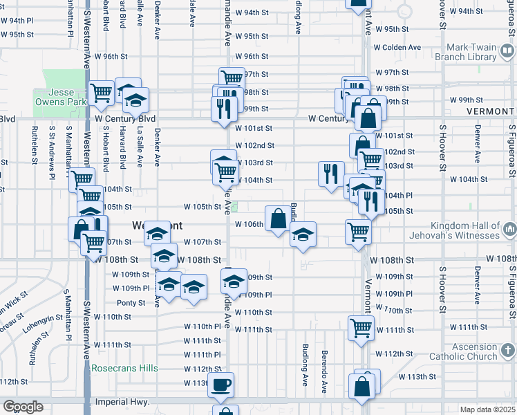 map of restaurants, bars, coffee shops, grocery stores, and more near 1315 West 106th Street in Los Angeles
