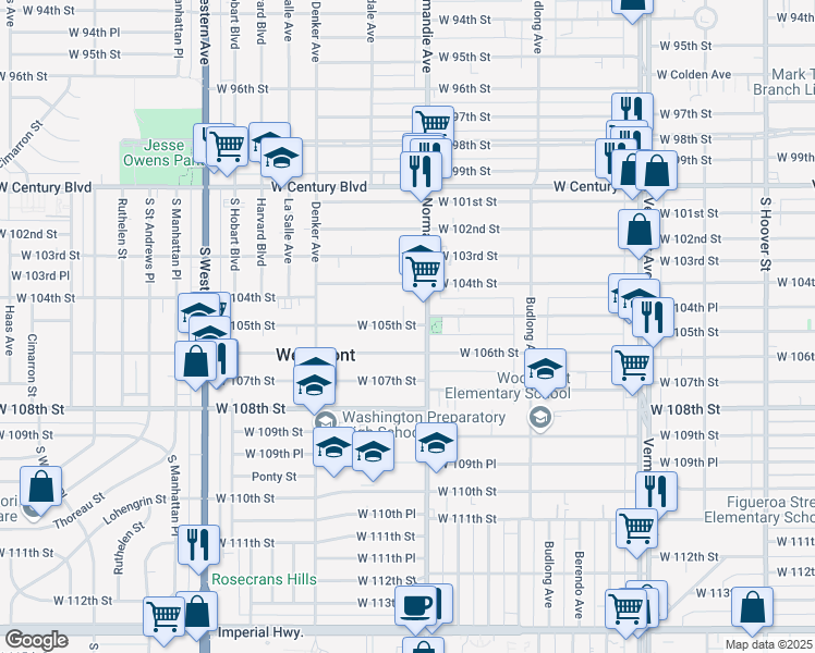 map of restaurants, bars, coffee shops, grocery stores, and more near 1340 West 106th Street in Los Angeles