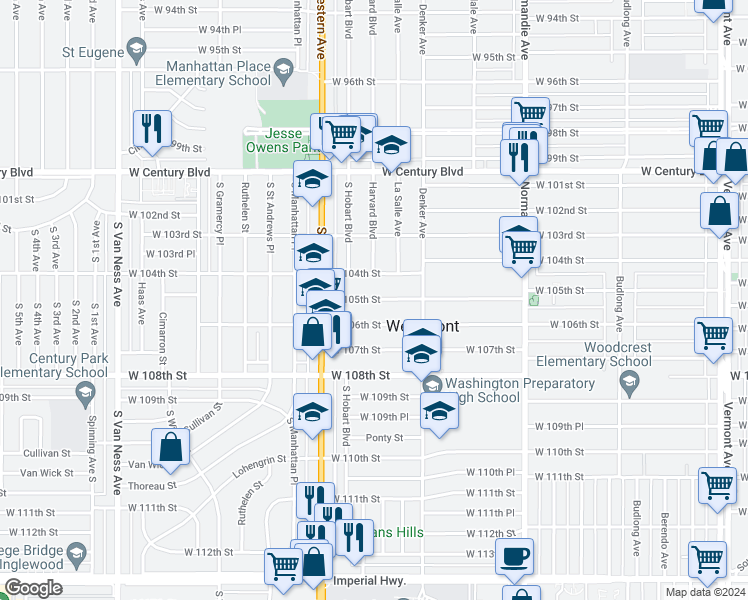 map of restaurants, bars, coffee shops, grocery stores, and more near 1648 West 105th Street in Los Angeles