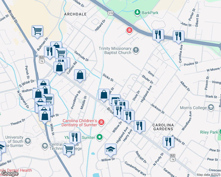 map of restaurants, bars, coffee shops, grocery stores, and more near 29 Newman Street in Sumter