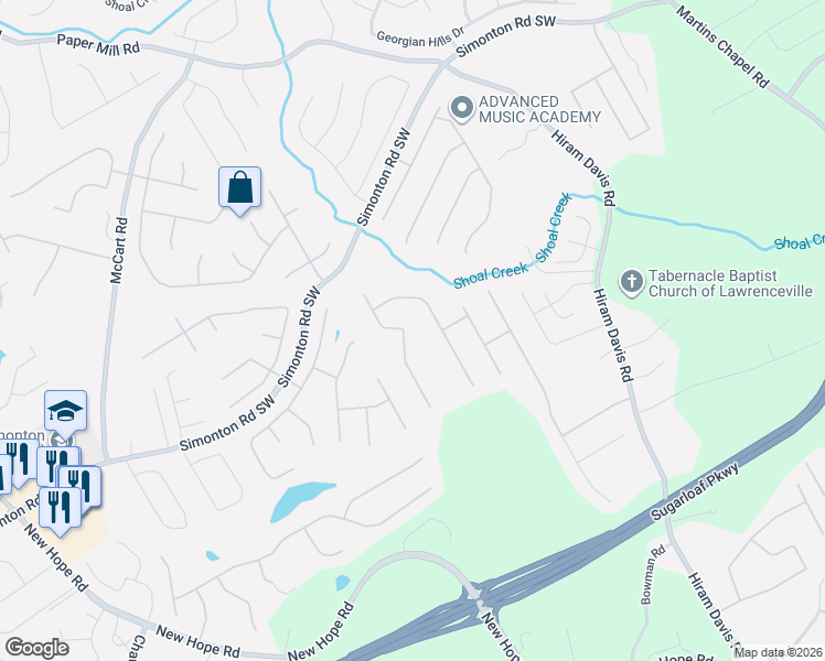 map of restaurants, bars, coffee shops, grocery stores, and more near 1918 Shaker Falls Lane in Lawrenceville