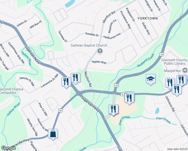map of restaurants, bars, coffee shops, grocery stores, and more near 1478-1598 Monfort Road in Lawrenceville