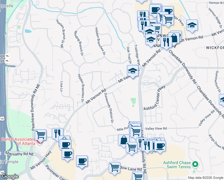 map of restaurants, bars, coffee shops, grocery stores, and more near 1123 Atcheson Lane in Dunwoody