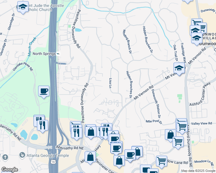 map of restaurants, bars, coffee shops, grocery stores, and more near 6805 Lisa Lane in Atlanta