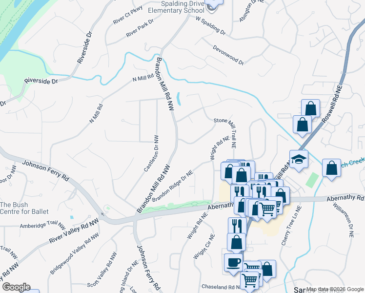 map of restaurants, bars, coffee shops, grocery stores, and more near 6795 Brandon Mill Road Northwest in Sandy Springs