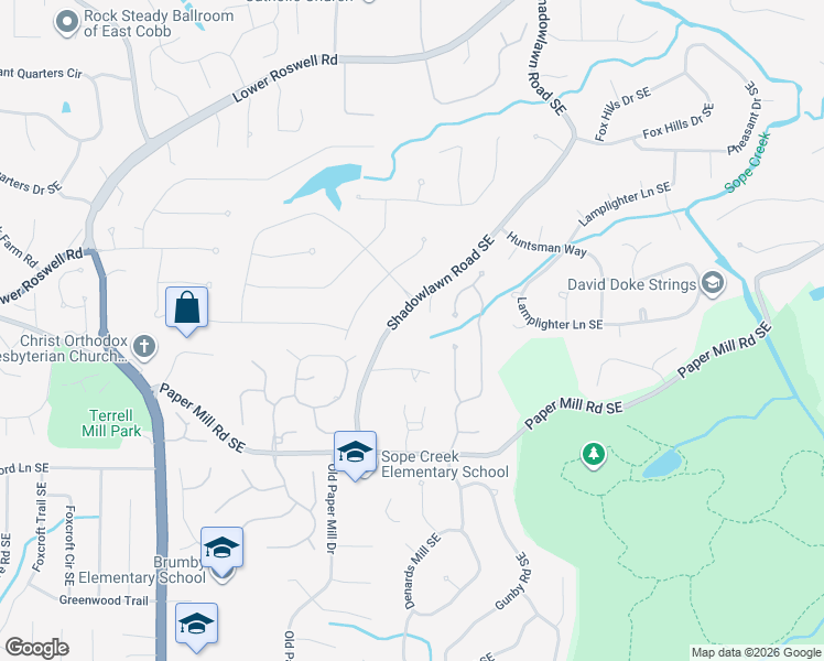 map of restaurants, bars, coffee shops, grocery stores, and more near 451 Shadowlawn Road Southeast in Marietta