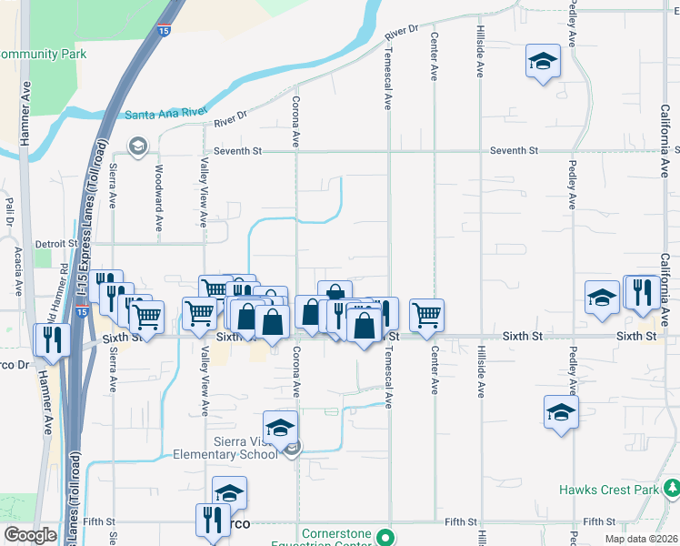 map of restaurants, bars, coffee shops, grocery stores, and more near 1020 Carriage Drive in Norco