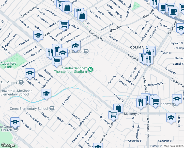 map of restaurants, bars, coffee shops, grocery stores, and more near 9800 Mills Avenue in Whittier