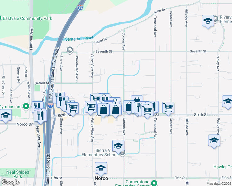 map of restaurants, bars, coffee shops, grocery stores, and more near 4048 Corona Avenue in Norco