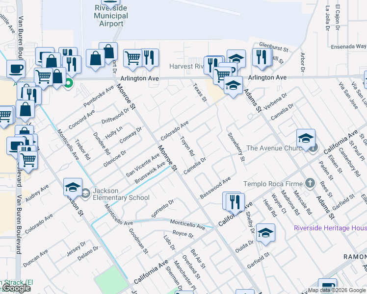 map of restaurants, bars, coffee shops, grocery stores, and more near 4530 Toyon Road in Riverside