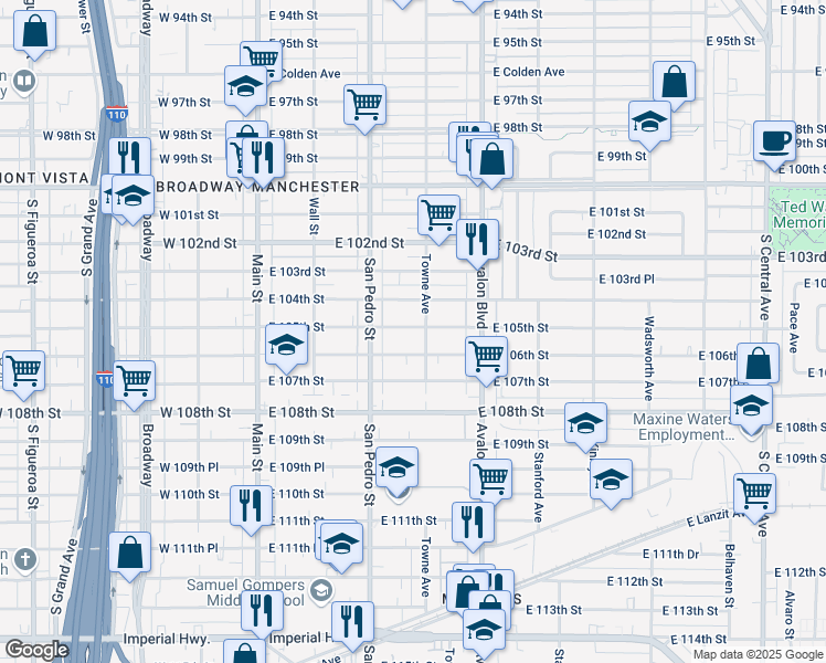 map of restaurants, bars, coffee shops, grocery stores, and more near 348 East 105th Street in Los Angeles