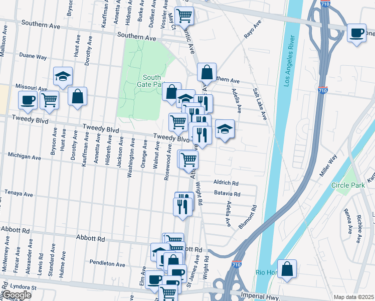 map of restaurants, bars, coffee shops, grocery stores, and more near 9923 Atlantic Avenue in South Gate