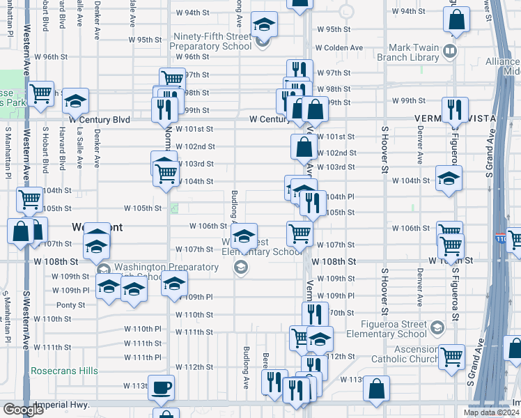map of restaurants, bars, coffee shops, grocery stores, and more near 1114 West 105th Street in Los Angeles