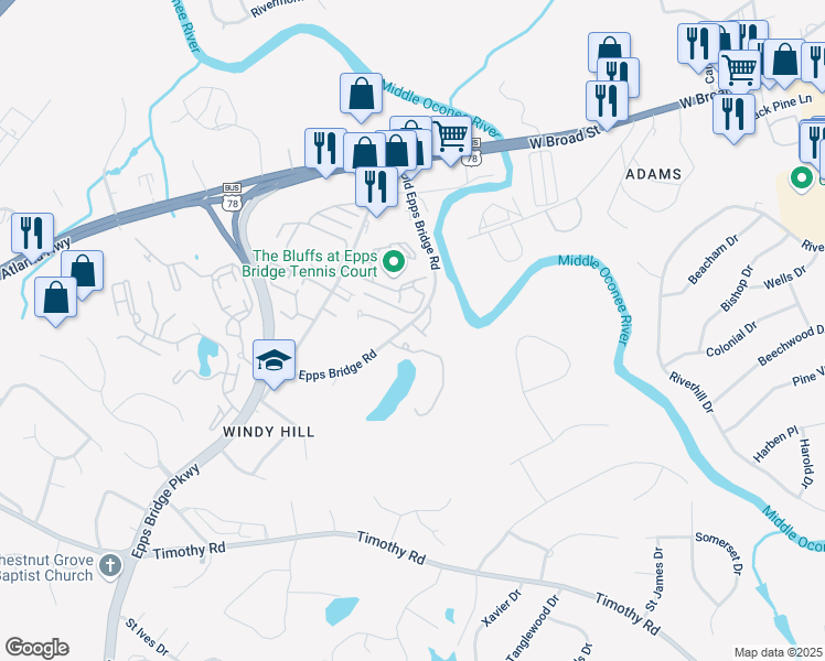 map of restaurants, bars, coffee shops, grocery stores, and more near 393 Old Epps Bridge Road in Athens