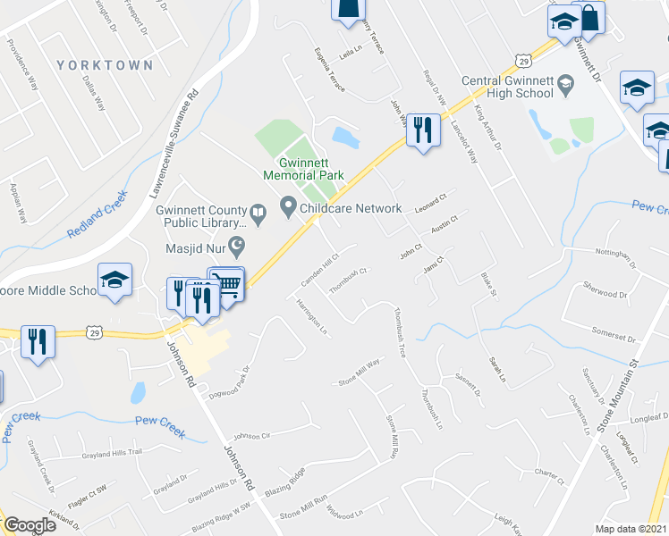 map of restaurants, bars, coffee shops, grocery stores, and more near 960 Camden Hill Court in Lawrenceville