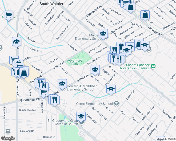 map of restaurants, bars, coffee shops, grocery stores, and more near 13924 Anola Street in Whittier
