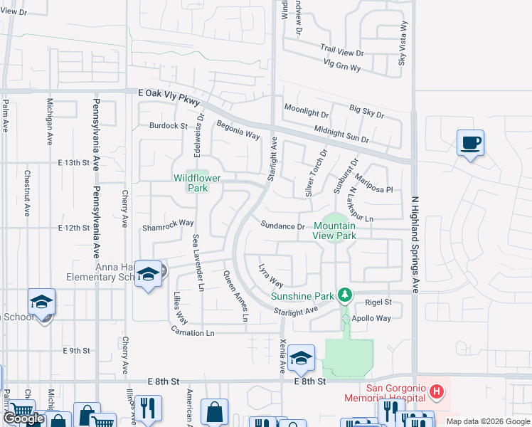 map of restaurants, bars, coffee shops, grocery stores, and more near 1429 Sagebrush Place in Beaumont
