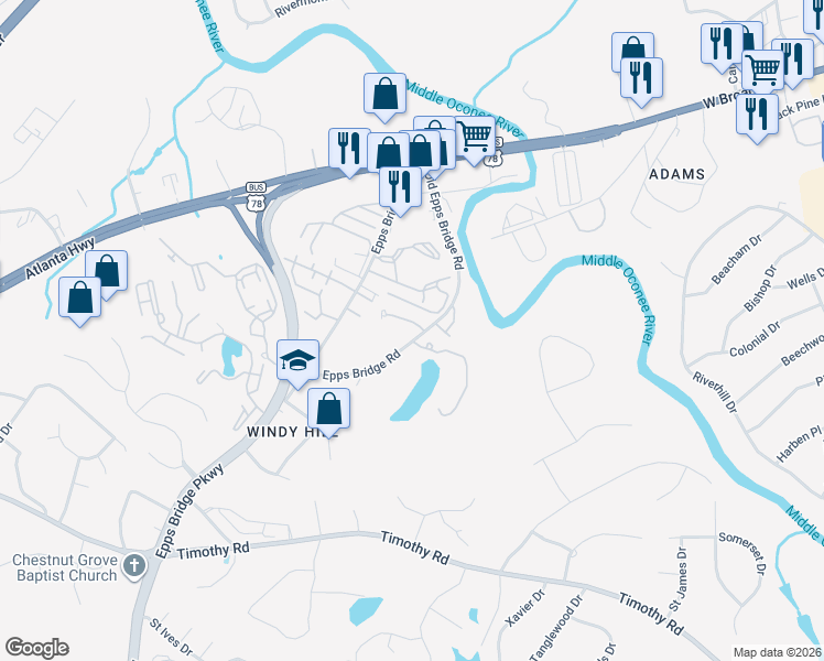 map of restaurants, bars, coffee shops, grocery stores, and more near 122 Tamara Court in Athens