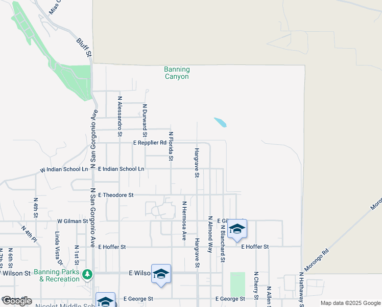 map of restaurants, bars, coffee shops, grocery stores, and more near 2 North Hargrave Street in Banning